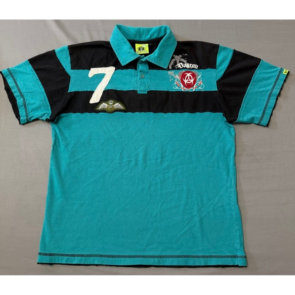 Daigon Polo Shirt Mens XL Y2K Graphic Striped Teal Black Streetwear